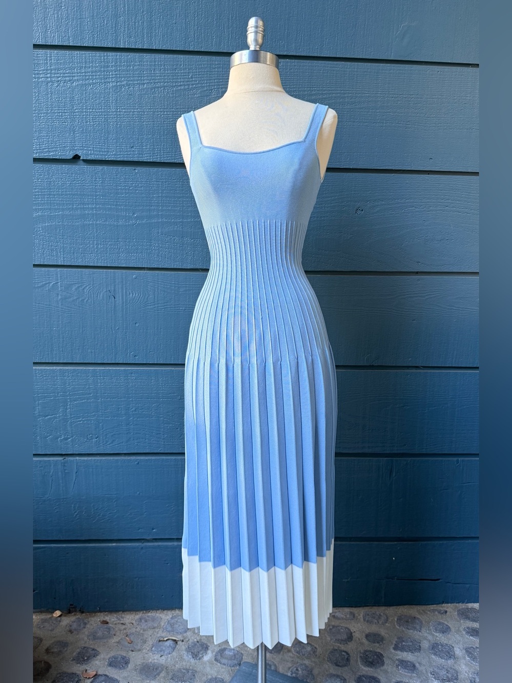 STAUD Baby Blue & White  Pleated knit Ellison Dress NWT 💙